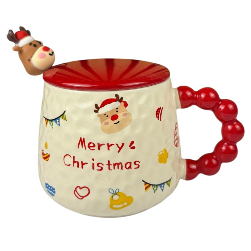 Cană de Crăciun „Merry Christmas” roșie cu capac roșu și linguriță Moș Crăciun, 400 ml